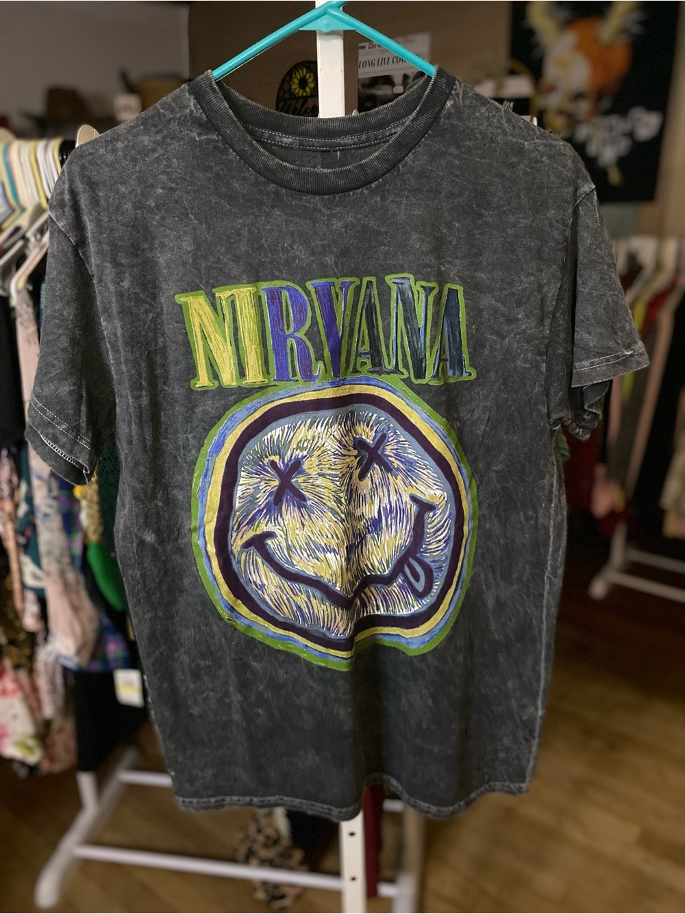 NIRVANA Black Tee with Green and Purple Smiley Graphic